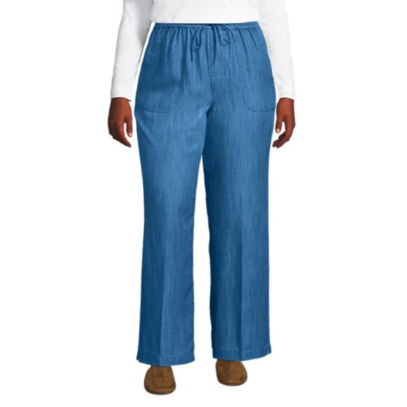 Lands' End Blue Chambray Pants High-Rise Elastic Waistband Wide-Leg Size 18P NEW - Picture 1 of 11